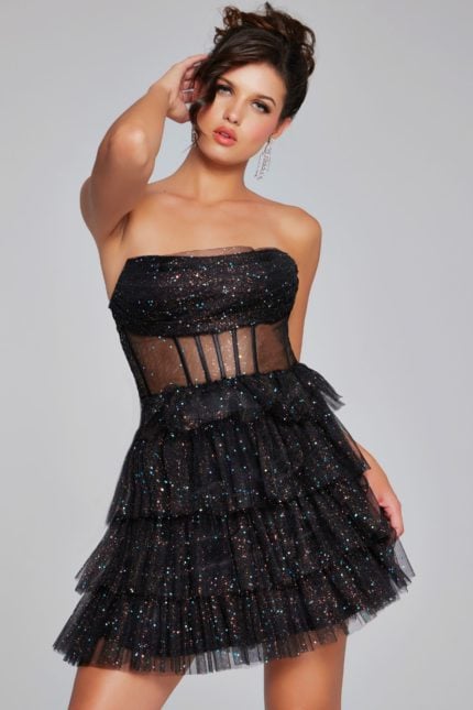 Model wearing Jovani 39666 black dress, front view.