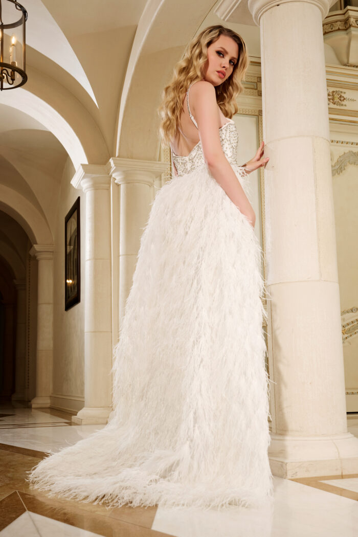 Model wearing Formal Off-White Beaded Gown with Feathers 39677