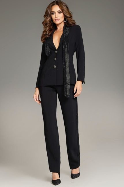 Model showing full view of Jovani 39726 black outfit with straight pants and blazer.