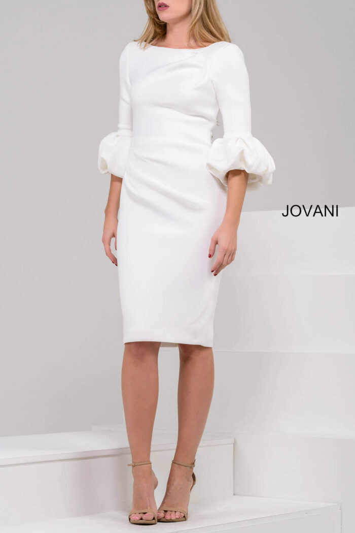 Model wearing Jovani 39738 Navy Three Quarter Sleeve Bateau Neckline Dress