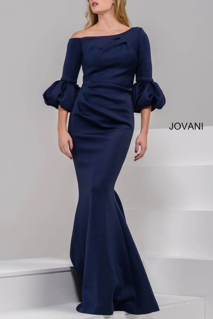 Model wearing Jovani 39739 Off The Shoulder Scuba Mother of the Bride Dress