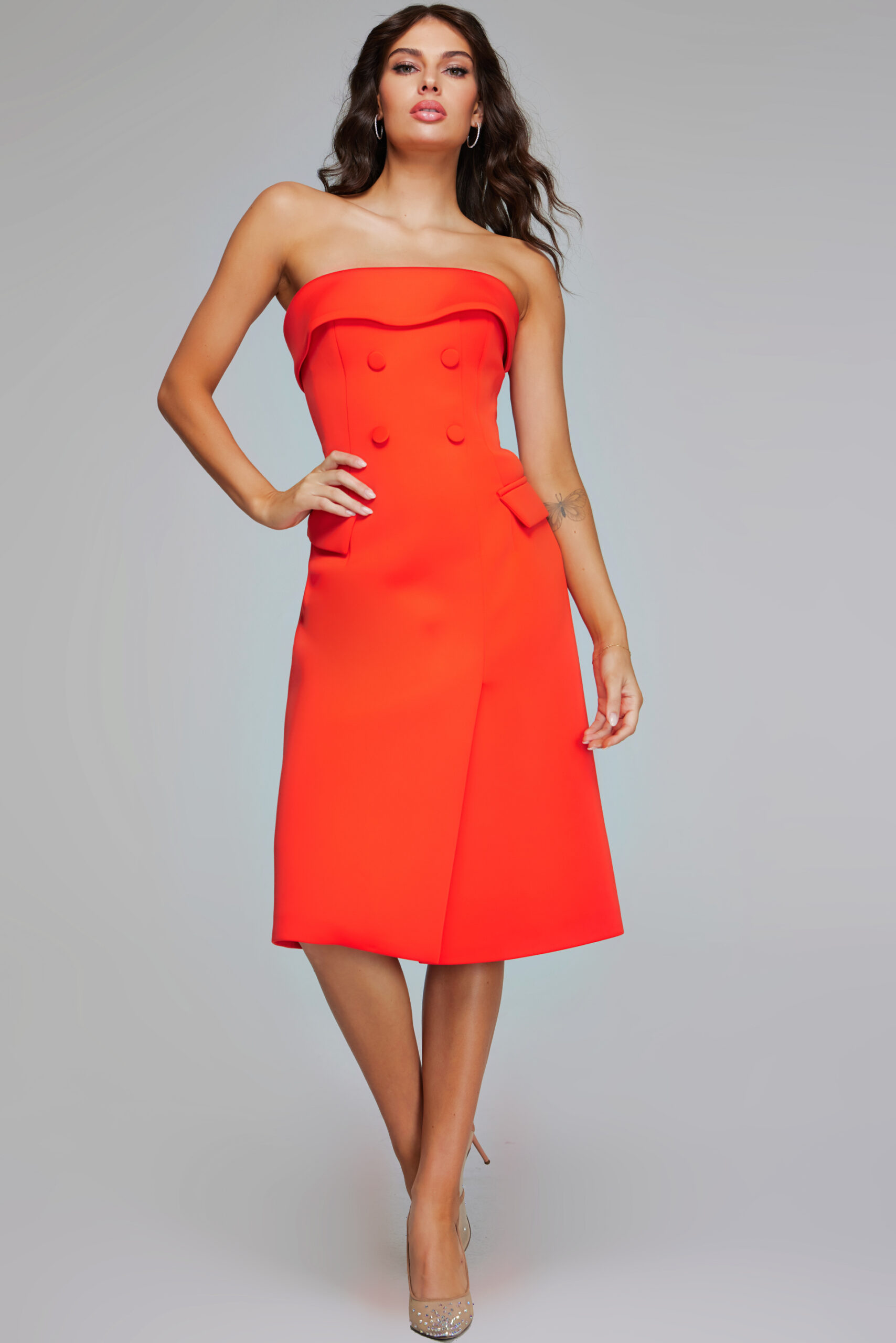 Model wearing Bold Orange Strapless Dress 39743