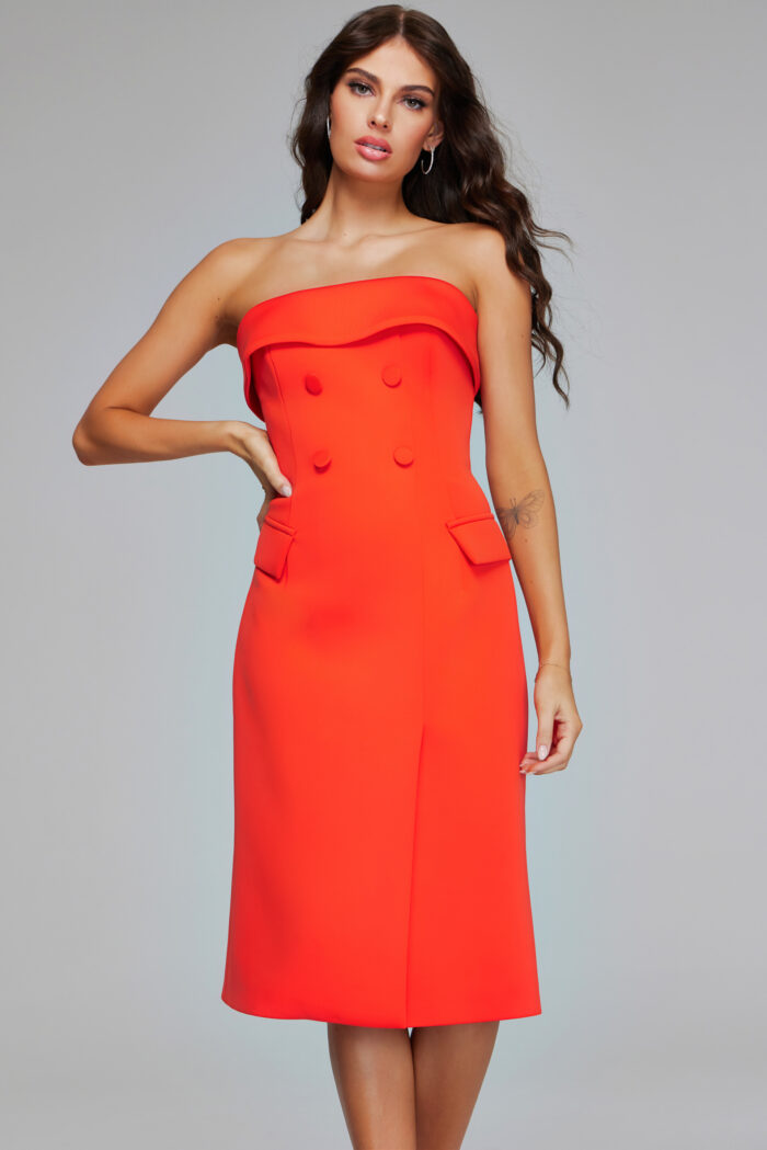 Model wearing Bold Orange Strapless Dress 39743