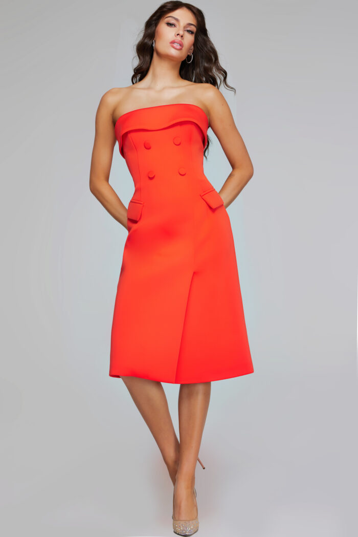 Model wearing Bold Orange Strapless Dress 39743