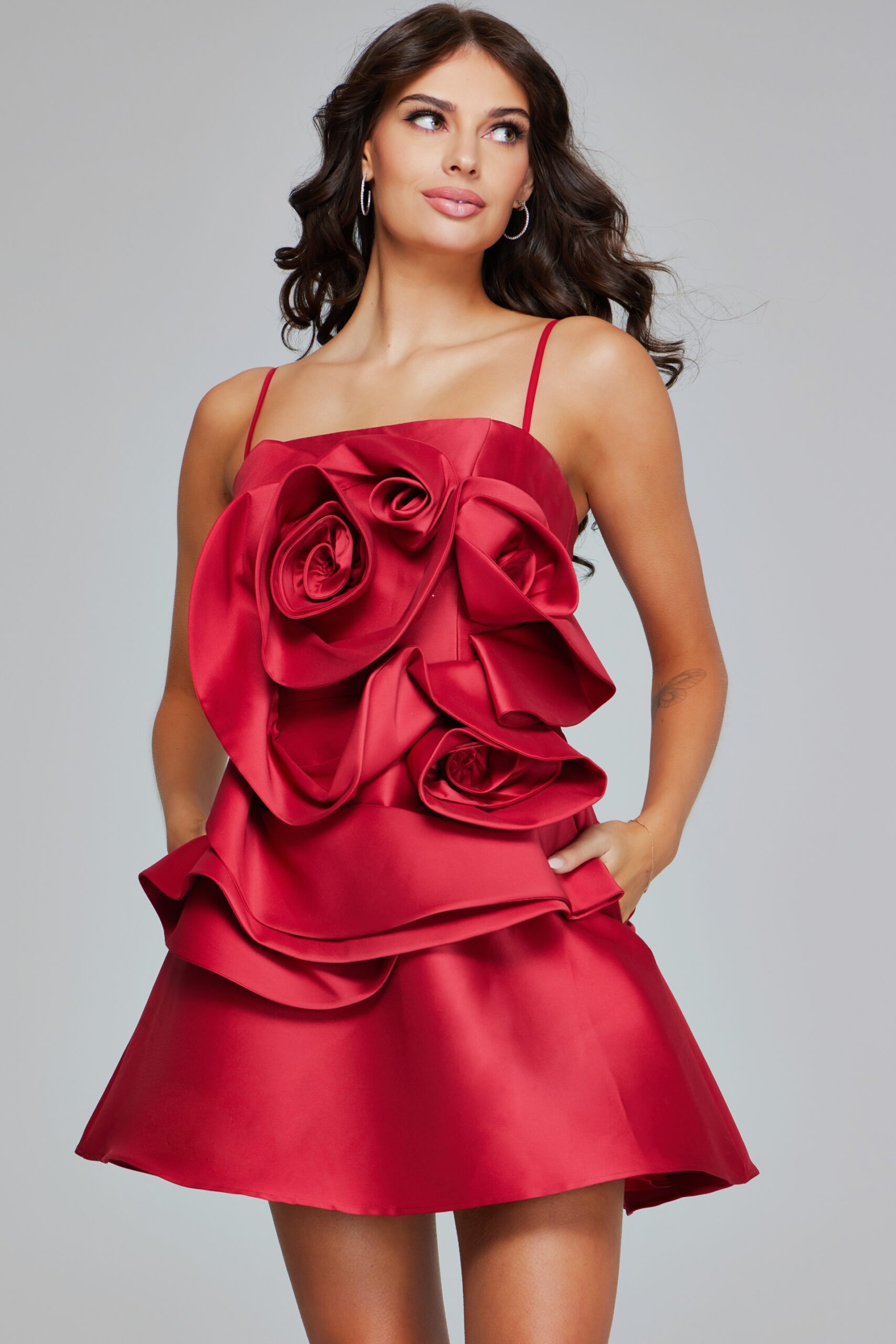Model wearing Red Short Ruffled Dress 39750