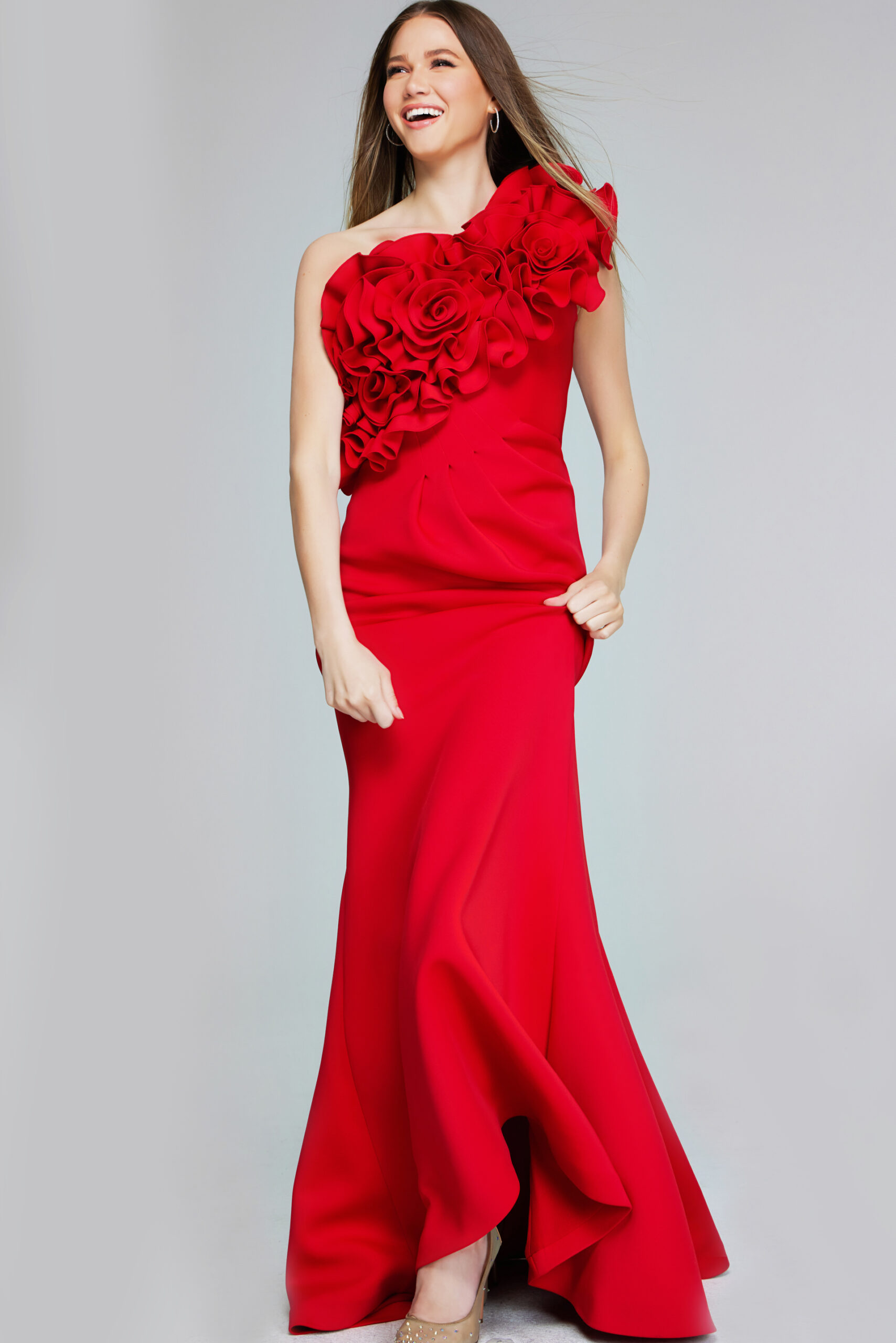 Model wearing Enchanting One-Shoulder Red Gown with 3D Floral Appliqué 39751