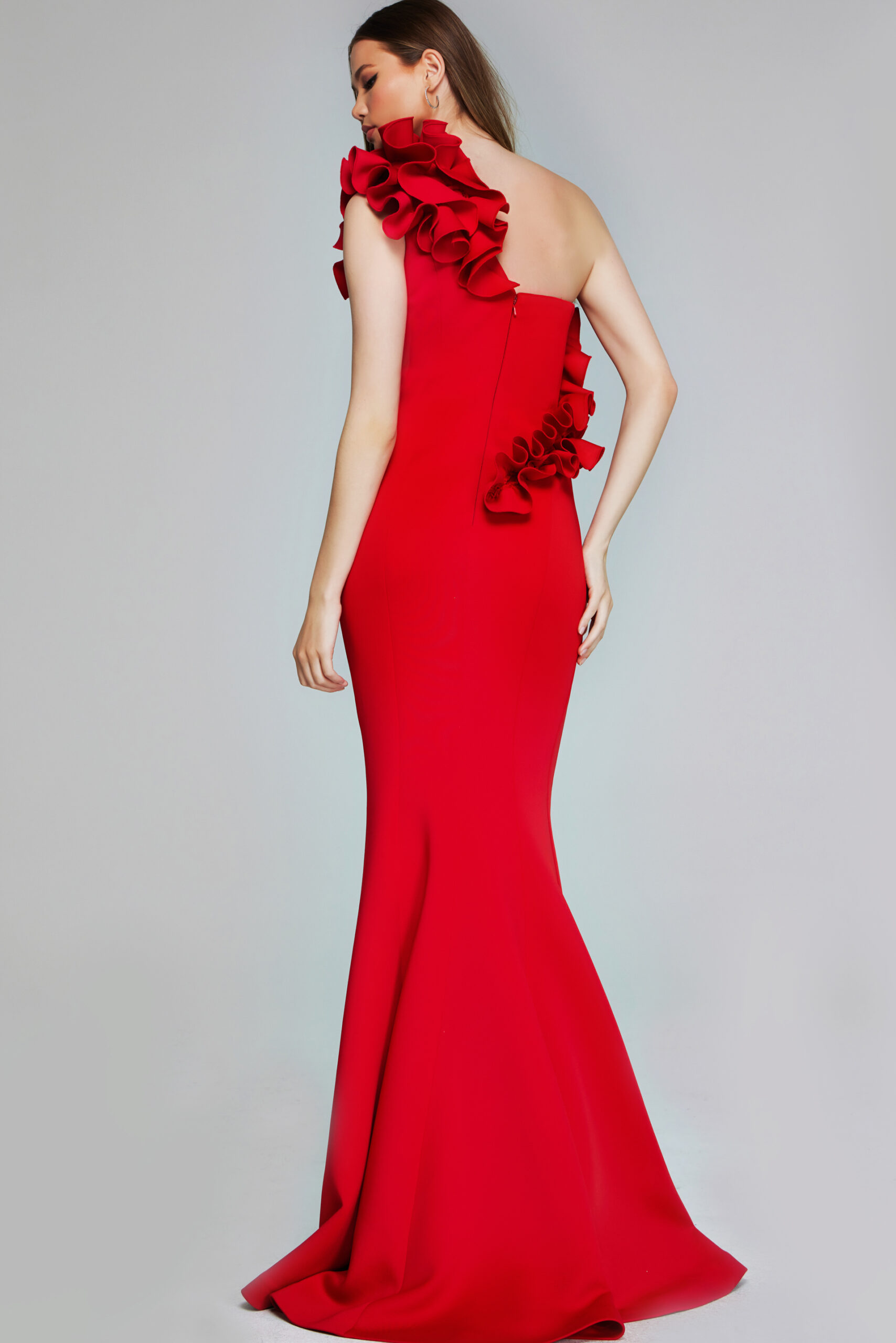 Enchanting One-Shoulder Red Gown with 3D Floral Appliqué 39751