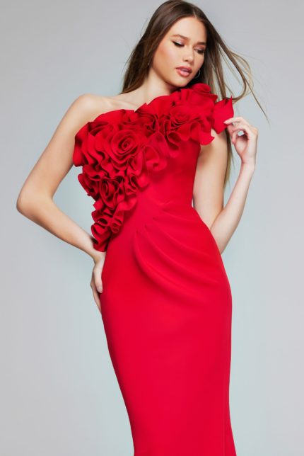 Model wearing Jovani 39751 red gown, close-up of ruffled detailing on bodice