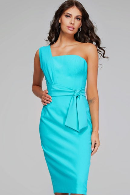 Model wearing Jovani 39775 blue dress with chic waist tie, full front view