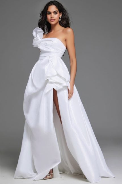 Model wearing Jovani 39796 white dress with ruffled shoulder detail, front full-length view.