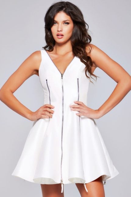 Model wearing Jovani 39821, white A-line dress with a V-neckline and zipper detail.