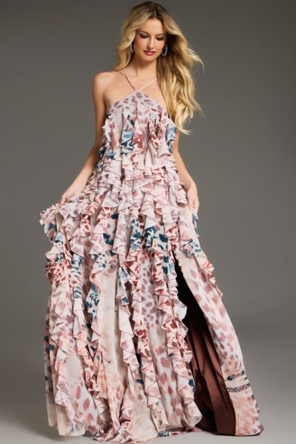 Model wearing Jovani 39822 print dress with halter neckline and flowing skirt, shown from the front.