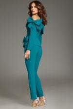 Model wearing Jovani 39840 turquoise ensemble, back view.