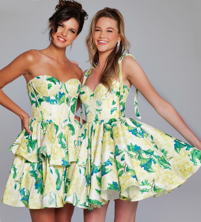 Model wearing Print Fit and Flare Homecoming Dress 39881