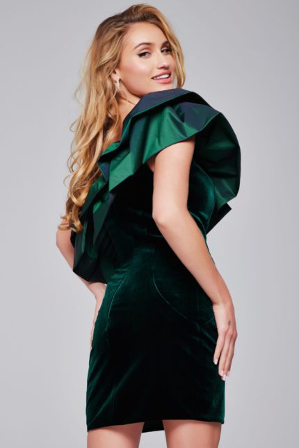 Model wearing Jovani 39888 green mini dress with one-shoulder ruffles, back view.