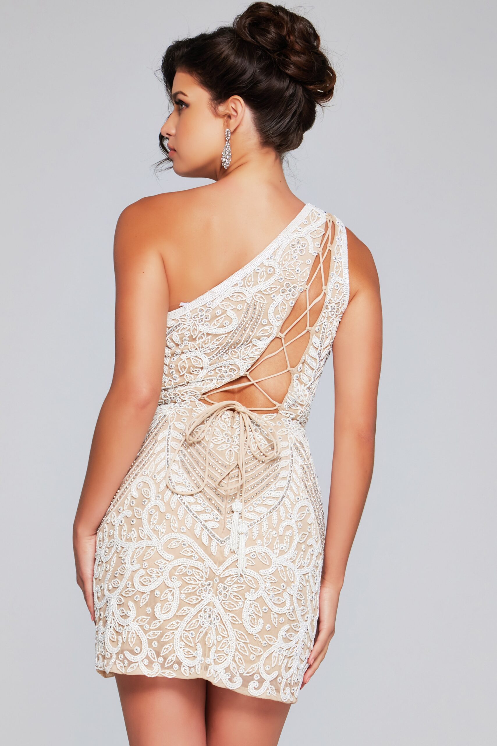 White and Nude Beaded One Shoulder Dress 39896