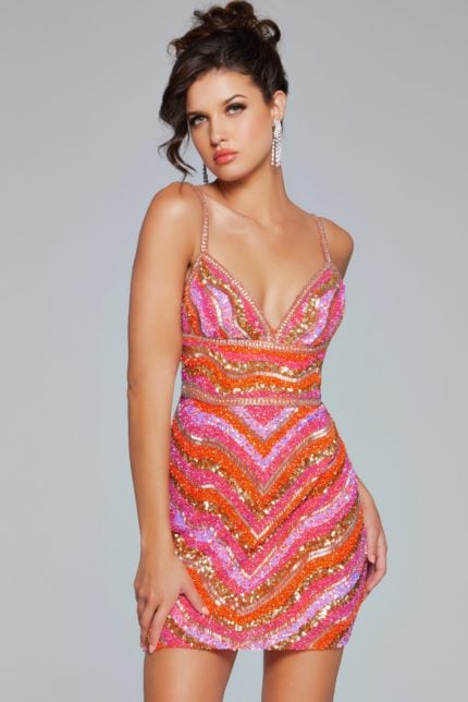 model wearing Jovani 39903 cocktail dress with V-neckline