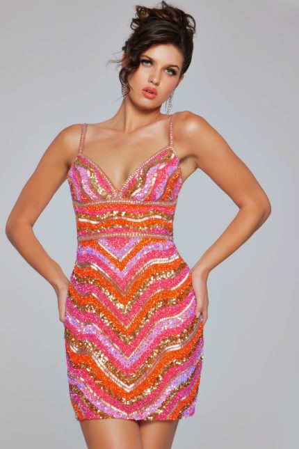 model wearing Jovani 39903 front view of mini dress with sequins