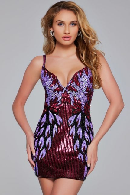 Model wearing Jovani 39907 sequin mini dress with elegant straps