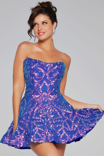 Model in Jovani 39927 navy mini dress, front view