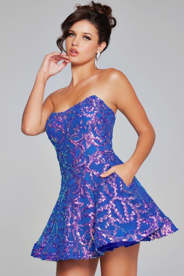 Model wearing Blue Strapless Fit and Flare Blue 39927