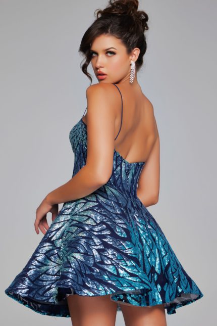 Model wearing Jovani 39928 royal blue dress, back view