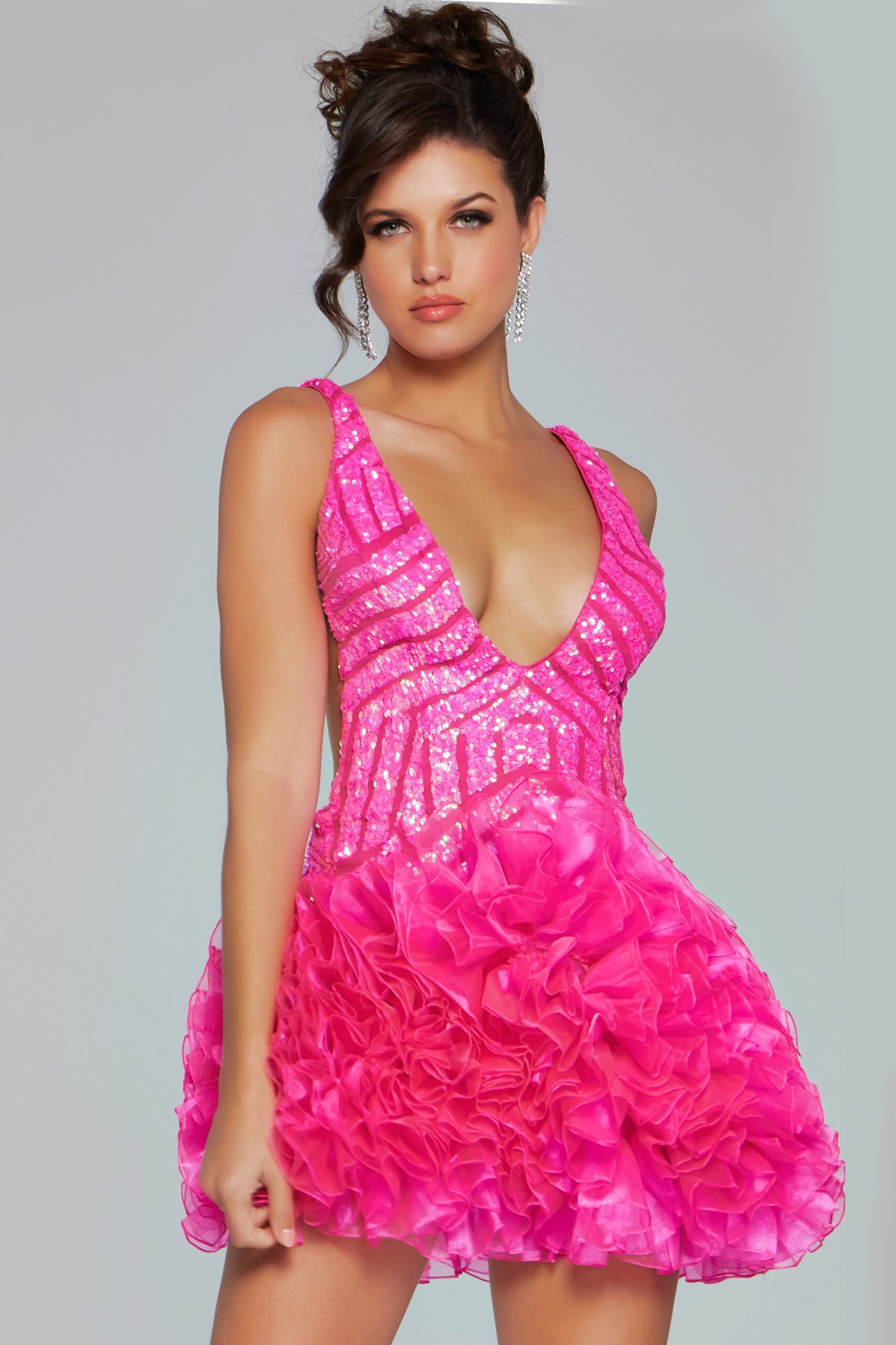 Model wearing Hot Pink Embellished V Neck Dress 39931