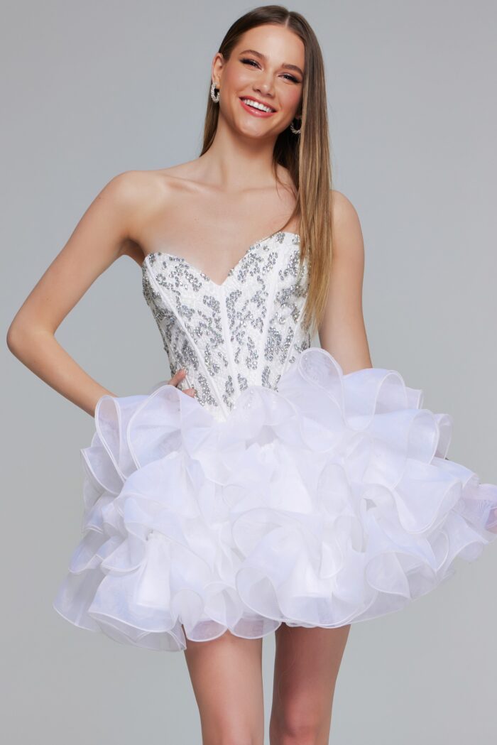 Model wearing Strapless Sweetheart Sequin Mini Dress with Ruffled Organza Skirt 39932