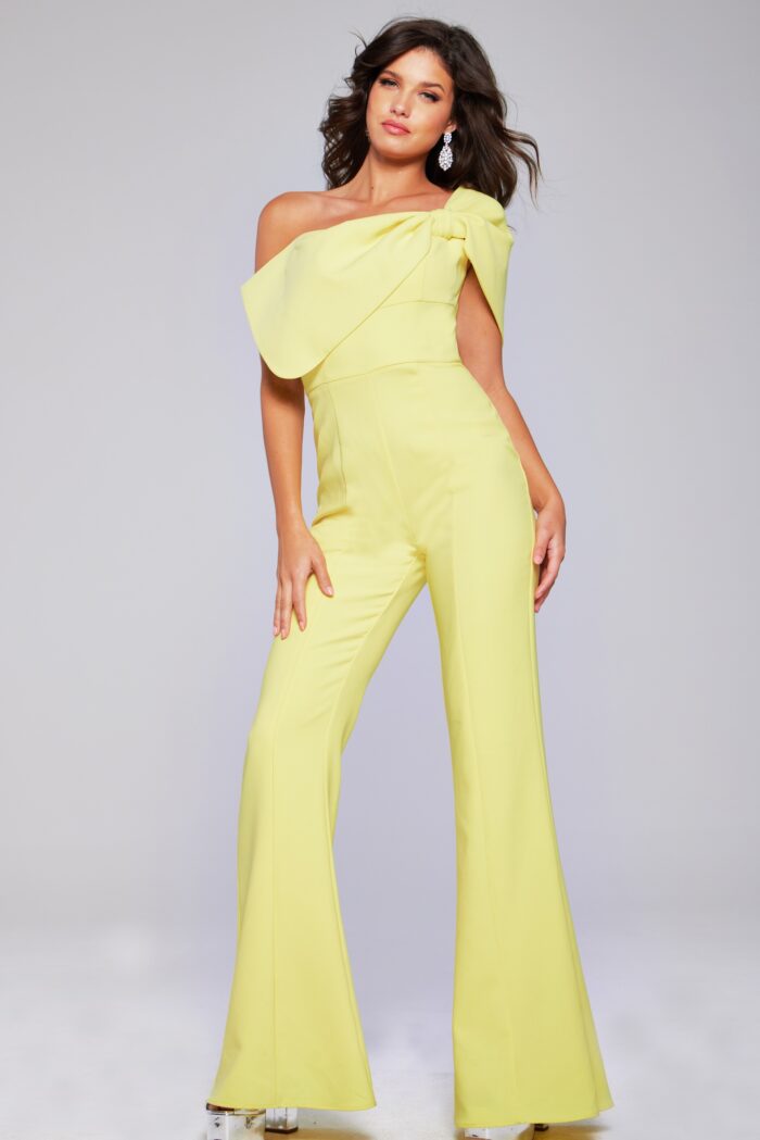 Model wearing Yellow One-Shoulder Jumpsuit 39961