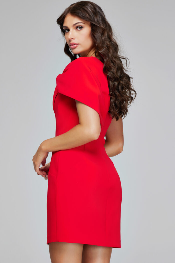 Model wearing Red Draped Shoulder Dress 39972