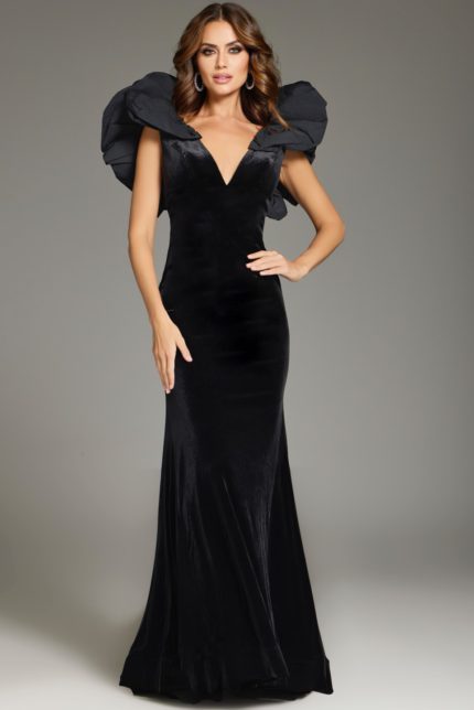 model wearing Jovani 39973 black evening gown with V-neckline and voluminous shoulders