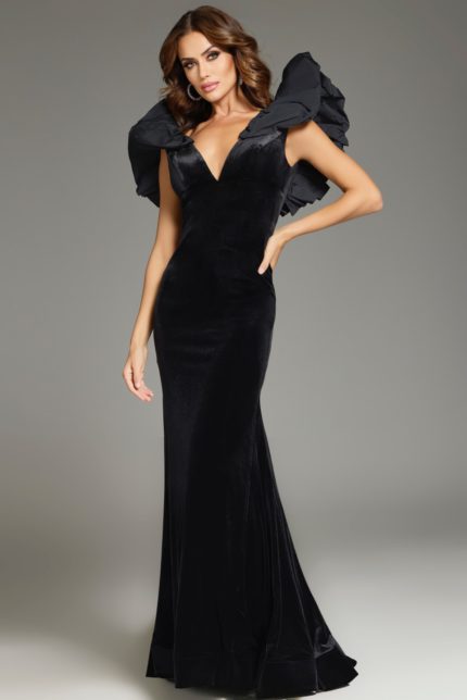 model wearing Jovani 39973 black gown showcasing voluminous shoulder detail