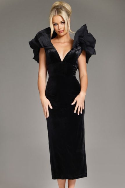 Model wearing Jovani 39978 black dress, full front view