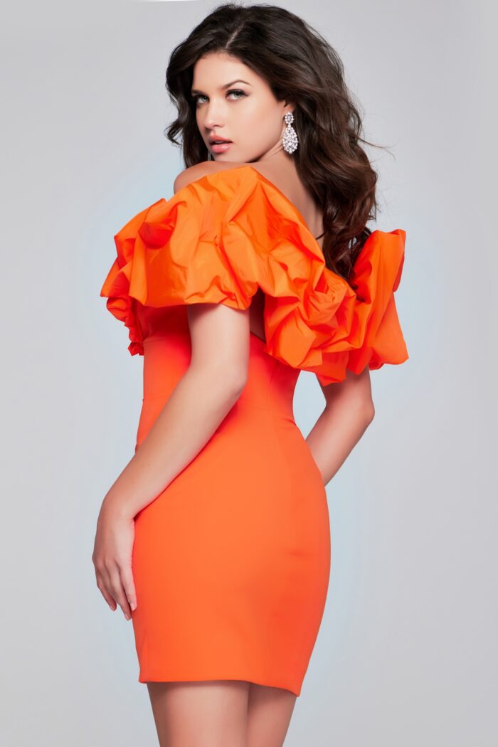 Model wearing Orange Beaded Short Dress 39985