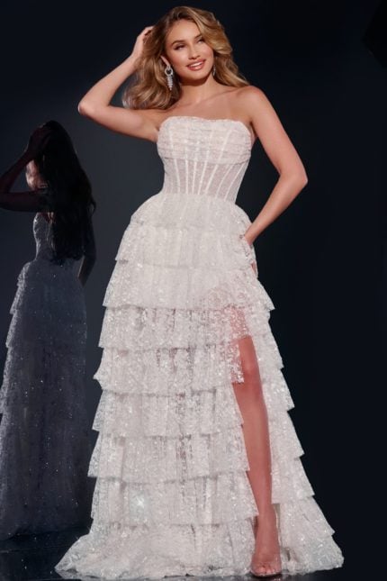 model wearing Jovani 40031 off-white gown, front view