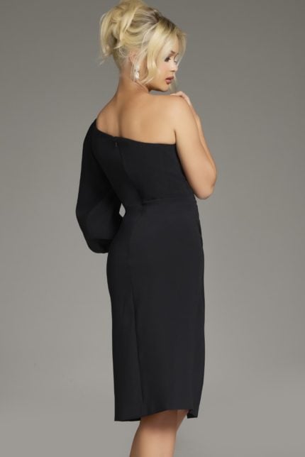 Model wearing Jovani 40033 black dress with an asymmetrical neckline and puff sleeve, back view.