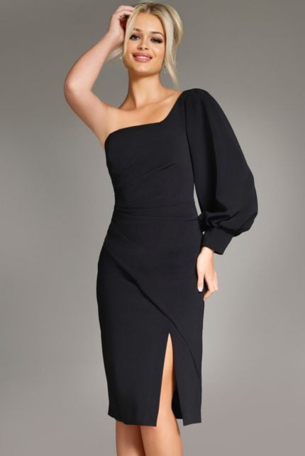 Model wearing Jovani 40033 black dress with an asymmetrical neckline and puff sleeve, front view.