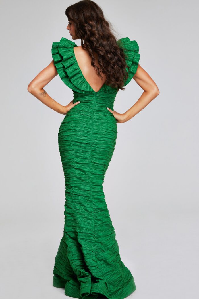 Model wearing Green Textured Mermaid Gown with Ruffled Sleeves 40044