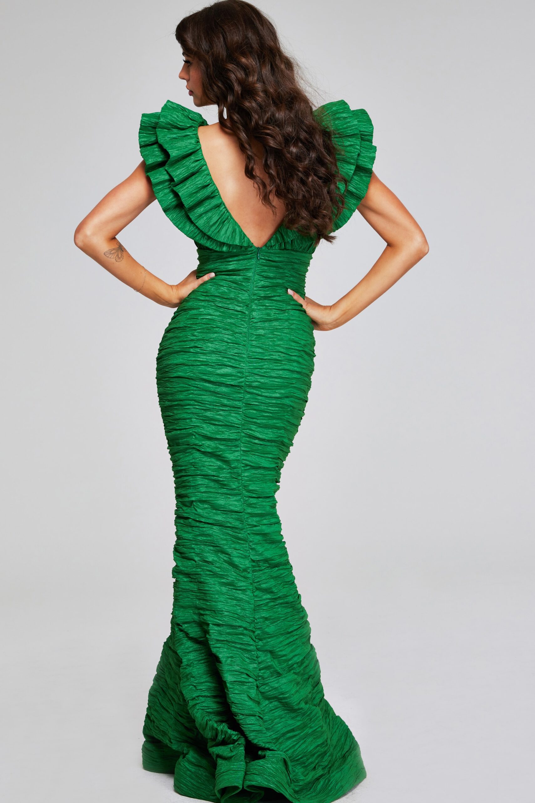 Green Textured Mermaid Gown with Ruffled Sleeves 40044