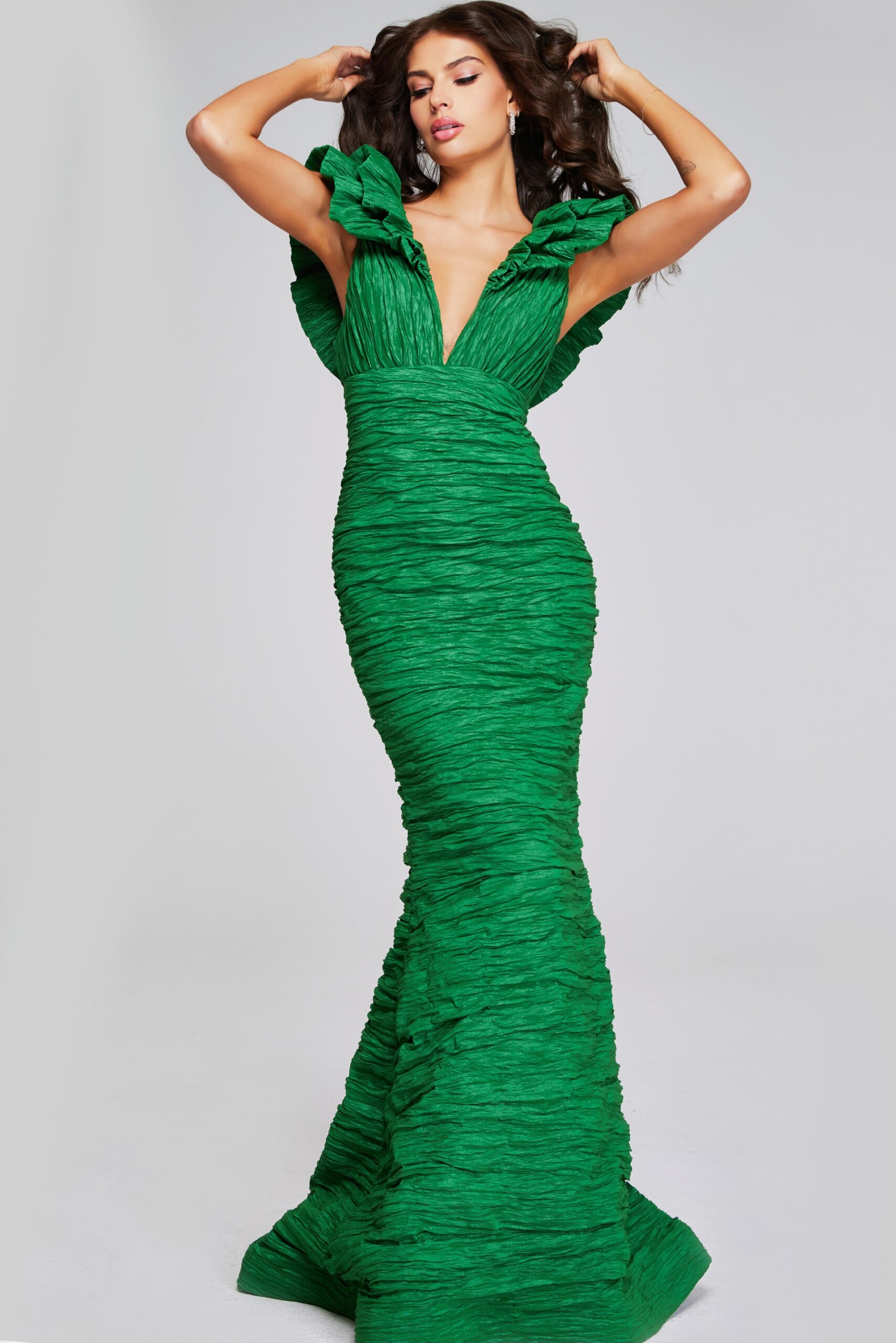 Model wearing Green Textured Mermaid Gown with Ruffled Sleeves 40044