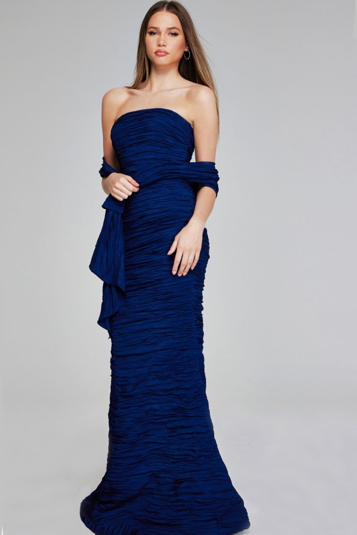 Navy Strapless Textured Mermaid Gown 40045