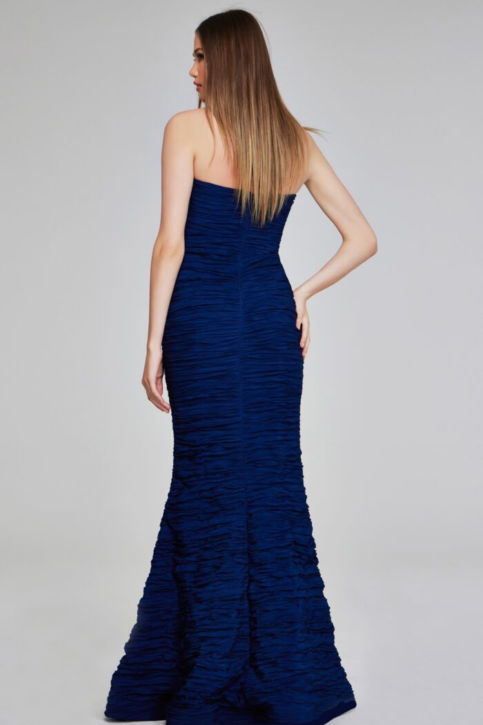 Model wearing Navy Strapless Textured Mermaid Gown 40045