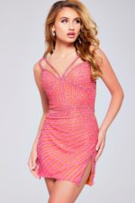 Model wearing Jovani 40070 pink dress, close-up of beaded bodice with sweetheart neckline.