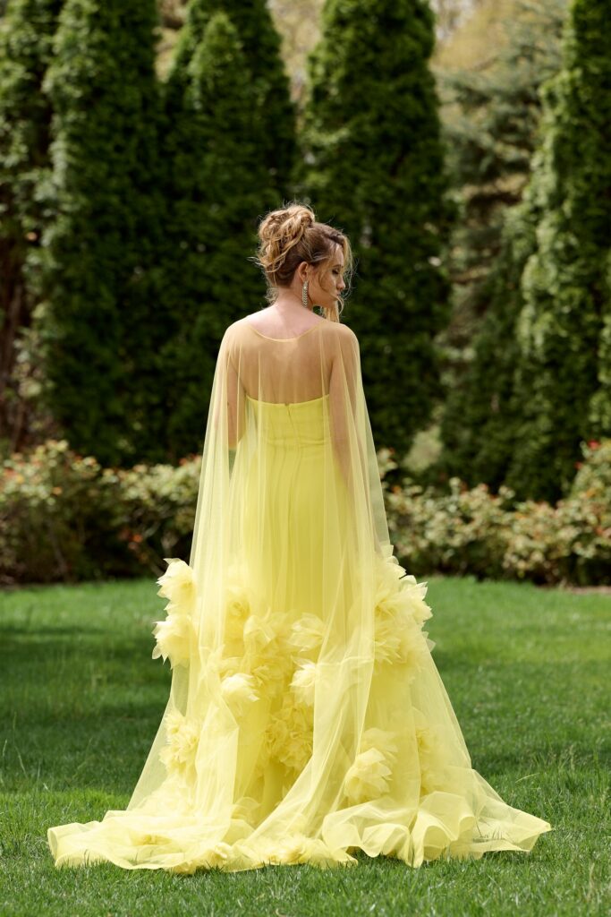 Yellow Tulle Strapless Gown with Floral Appliqués 40092