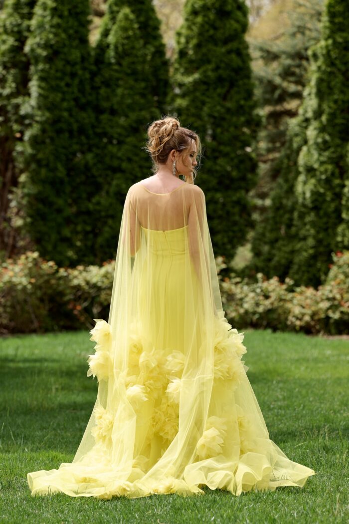 Model wearing Yellow Tulle Strapless Gown with Floral Appliqués 40092