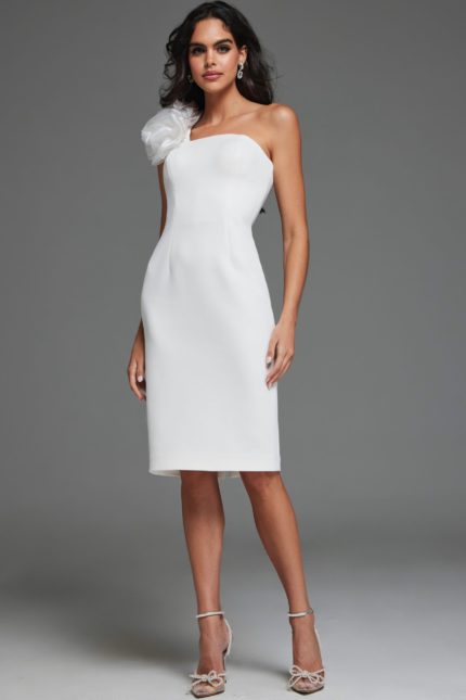 Model wearing Jovani 40096 white one-shoulder knee-length dress with floral detail, front view