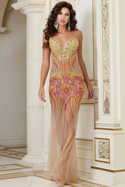 Model wearing Jovani 40116 colorful dress with intricate beadwork, front view.