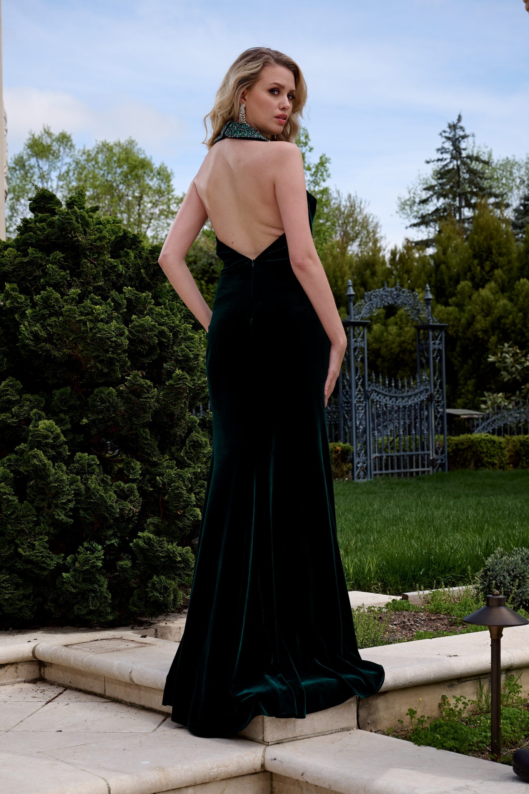 Model wearing Hunter Green Velvet Gown with Beaded Trim 40119