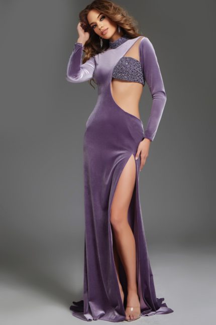 Model wearing Jovani 40124 purple dress with high slit, front view.