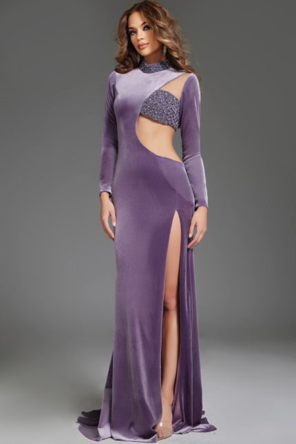 Model wearing Jovani 40124 purple dress, front view.